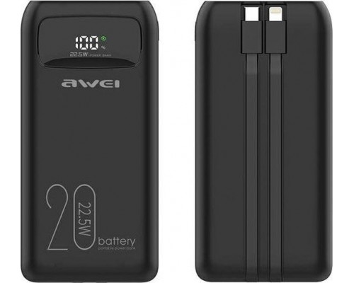 Awei AWEI PowerBank P169K 20000mAh 22.5W black/black wyświetlacz + kable PD/Lightning