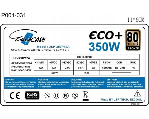 EuroCase Eurocase Zdroj 350W Eco*+, 120Mm, 80+ Bronze, Atx (Eco350*)