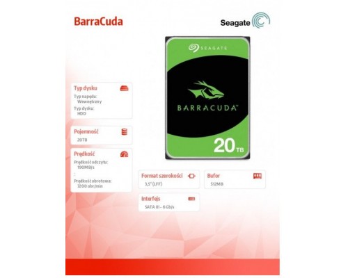 Seagate Barracuda 7200.10 - twardy - 20 TB - wewnętrzny - 3.5" (8.9 cm) - SATA 6Gb/s - 7200 rpm - Puffer: 512 MB