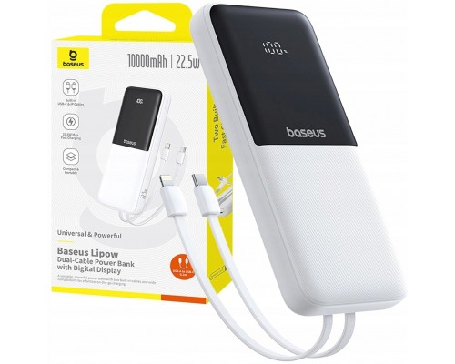 Baseus Lipow 10000mAh 22,5W with two built-in cables (with Baseus Simple USB-A - USB-C 3A 20cm) - White