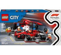 Lego F1 pitstopa un boksu apkalpe ar Ferrari automašīnu (60443)