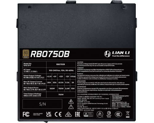 Lian Li RB Series 80 PLUS Bronze Zasilacz, częściowo modularny, PCIe 5.1, ATX 3.1 - 750 Watt, czarny