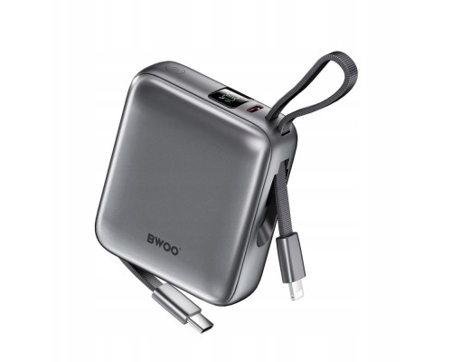BWOO  P74 22.5W 10000 mAh  2 wbudowanymi kablami 1 x USB-C 1 x Lightning srebrny